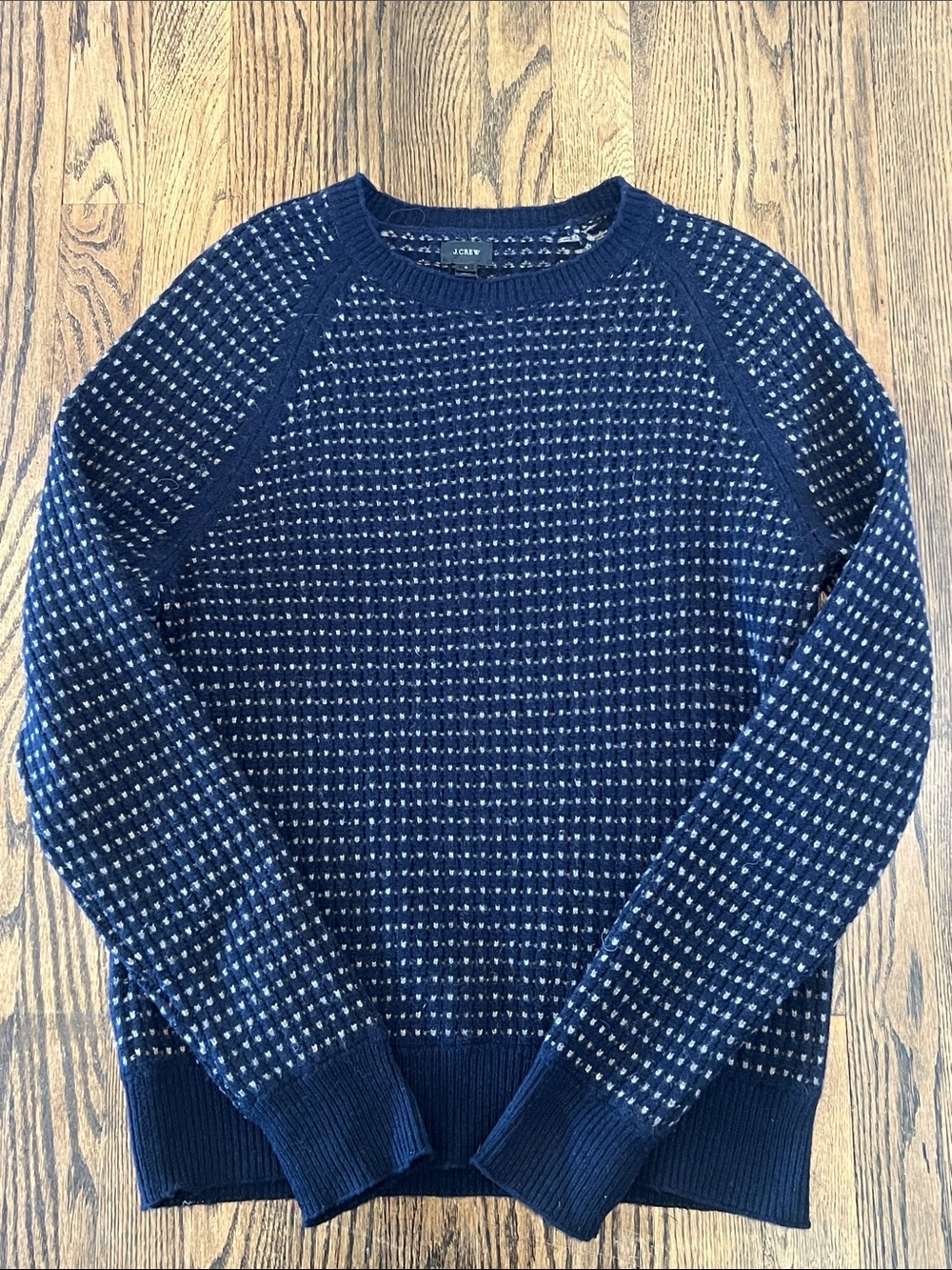 J. Crew Navy with Beige Fleck Textured Crewneck 100% Lambs Wool Sweater